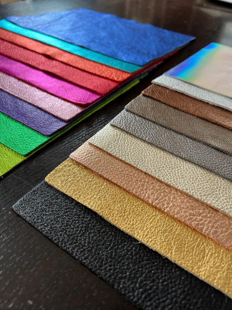 Our Loved Metallic Natural Grain Leathers available in 8.5" by 11" Pre Cut Panels

Black
Gold
Rose Gold
Platinum
Gunmetal
Pewter
Bronze
Silver
Silver Iridescent
Lime Green
Emerald Green
Purple
Pink
Hot Pink
Red
Orange
Turquoise
Royal Blue