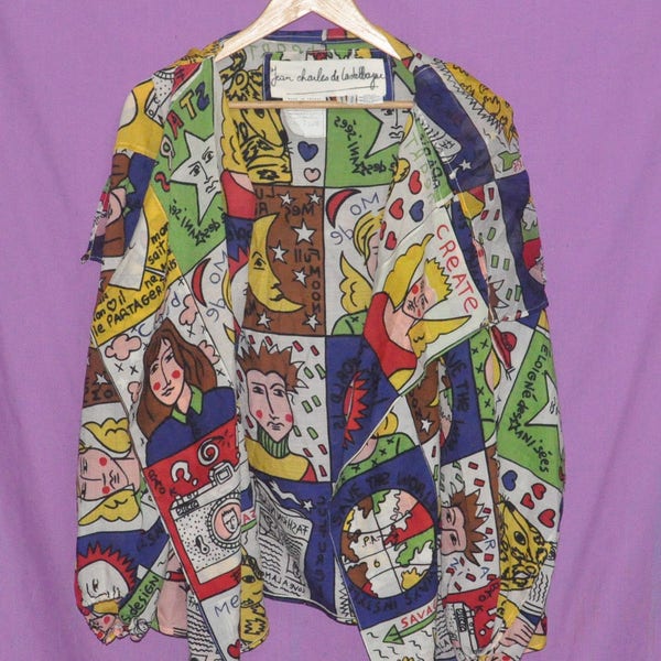 Rare Hard To Find Vintage 1989 Jean Charles De Castelbajac Pop Art Full Print Silk Light Shirt Made in France (not Button or Zipper Shirt)