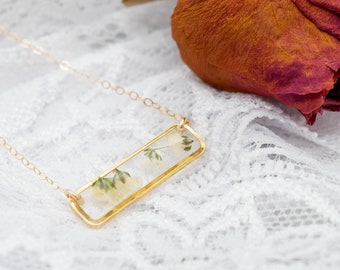Delicate pressed babys breath horizontal bar necklace, Pressed flower jewelry, Gold bar necklace