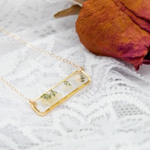 Delicate pressed babys breath horizontal bar necklace, Pressed flower jewelry, Gold bar necklace