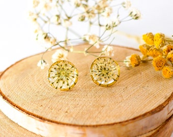 White Queen Anne's Lace stud earrings, Pressed flower jewelry, dainty flower studs, Botanical jewelry