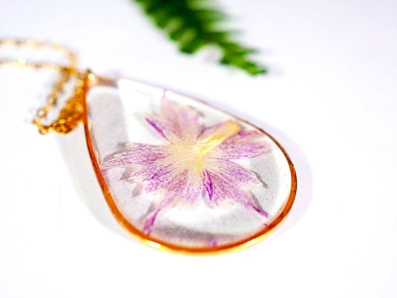 real flower necklace Pressed Flower jewelry purple flower necklace 24k gold flower nature terrarium Purple star Phlox necklace
