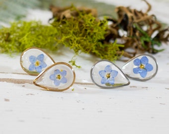 Dainty pressed flower studs, tiny teardrop forget me not stud earrings