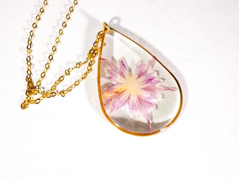 real flower necklace Pressed Flower jewelry purple flower necklace 24k gold flower nature terrarium Purple star Phlox necklace