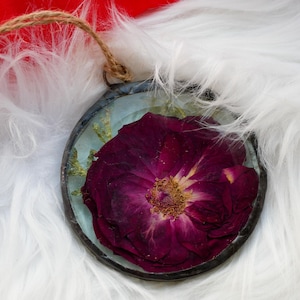Pressed rose glass ornament, real flower ornament, hand soldered pressed flower ornament