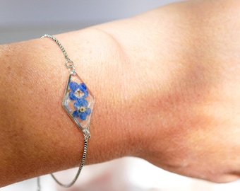 Forget Me Not Bracelet, Real Pressed Flower, Dainty Adjustable (Gold or Silver)