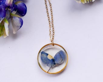 Texas pressed bluebonnet necklace -24k gold fill or sterling silver circle pendant