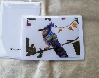 Pressed Flower Bluejay Card: Whimsical Floral Design (Blank Inside)