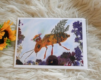 Pressed Flower Bee Card: Botanical Art Print (Blank, 5x7)