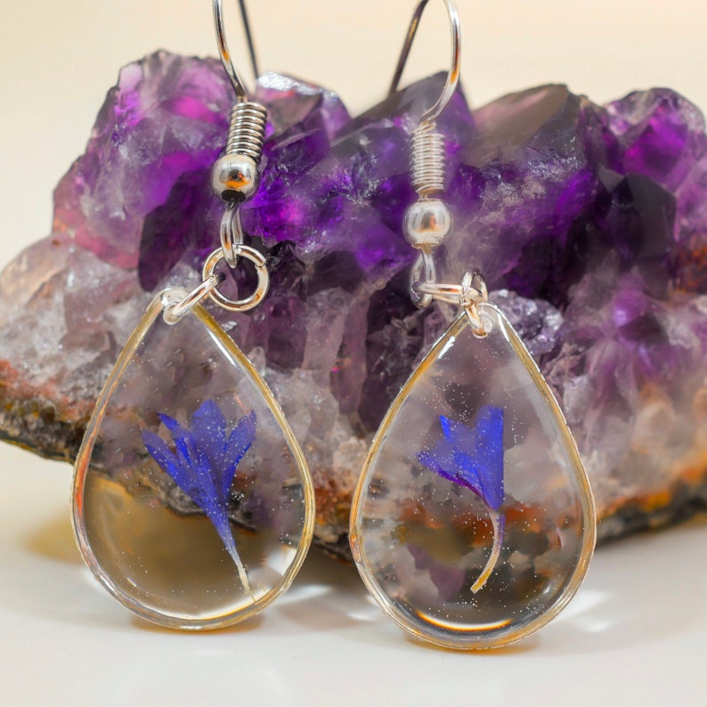 Pressed blue cornflower dangle earrings Bridal dangles botanical terrarium earrings Pressed flower jewelry bachelor button dangles