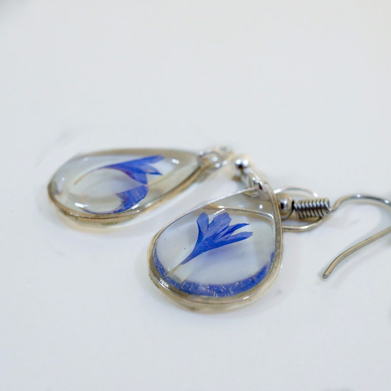 Pressed blue cornflower dangle earrings Bridal dangles botanical terrarium earrings Pressed flower jewelry bachelor button dangles