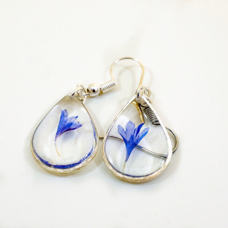 Pressed blue cornflower dangle earrings Bridal dangles botanical terrarium earrings Pressed flower jewelry bachelor button dangles