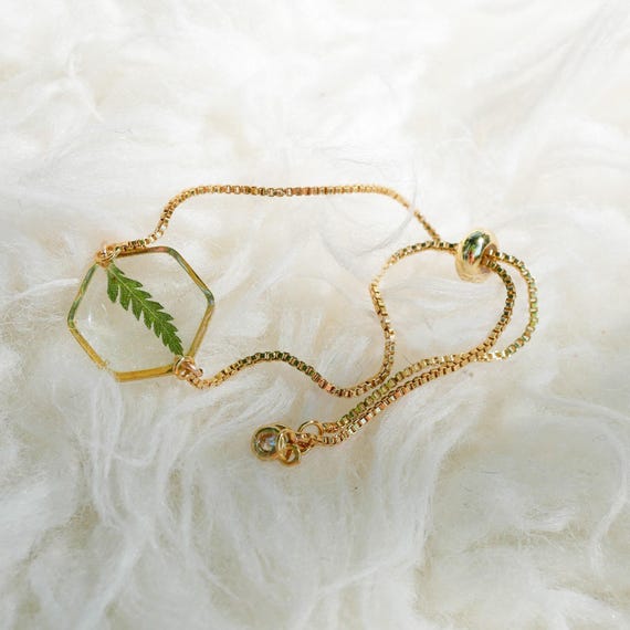 Pressed Fern Bracelet in Gold or Silver, Real Fern Jewelry Pressed Fern Bracelet in Gold or Silver, Real Fern Jewelry
