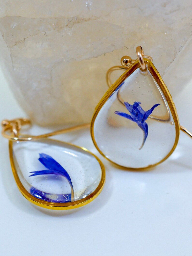 Pressed blue cornflower dangle earrings Bridal dangles botanical terrarium earrings Pressed flower jewelry bachelor button dangles