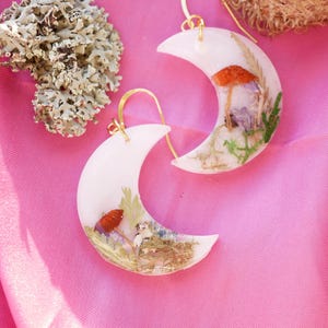 Real Mushroom Woodland Moon Earrings, terrarium earrings