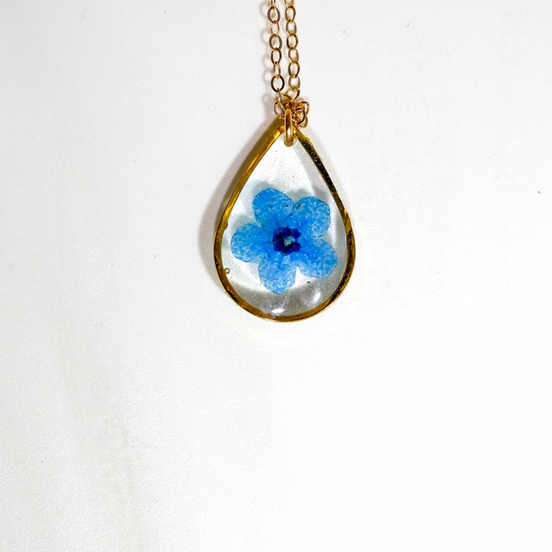 Forget me not teardrop necklace, dainty botanical jewelry, Memorial jewelry, Something blue brides charm, Real flower terrarium image 5