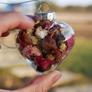 Dried flower heart ornaments, glass rustic heart decor