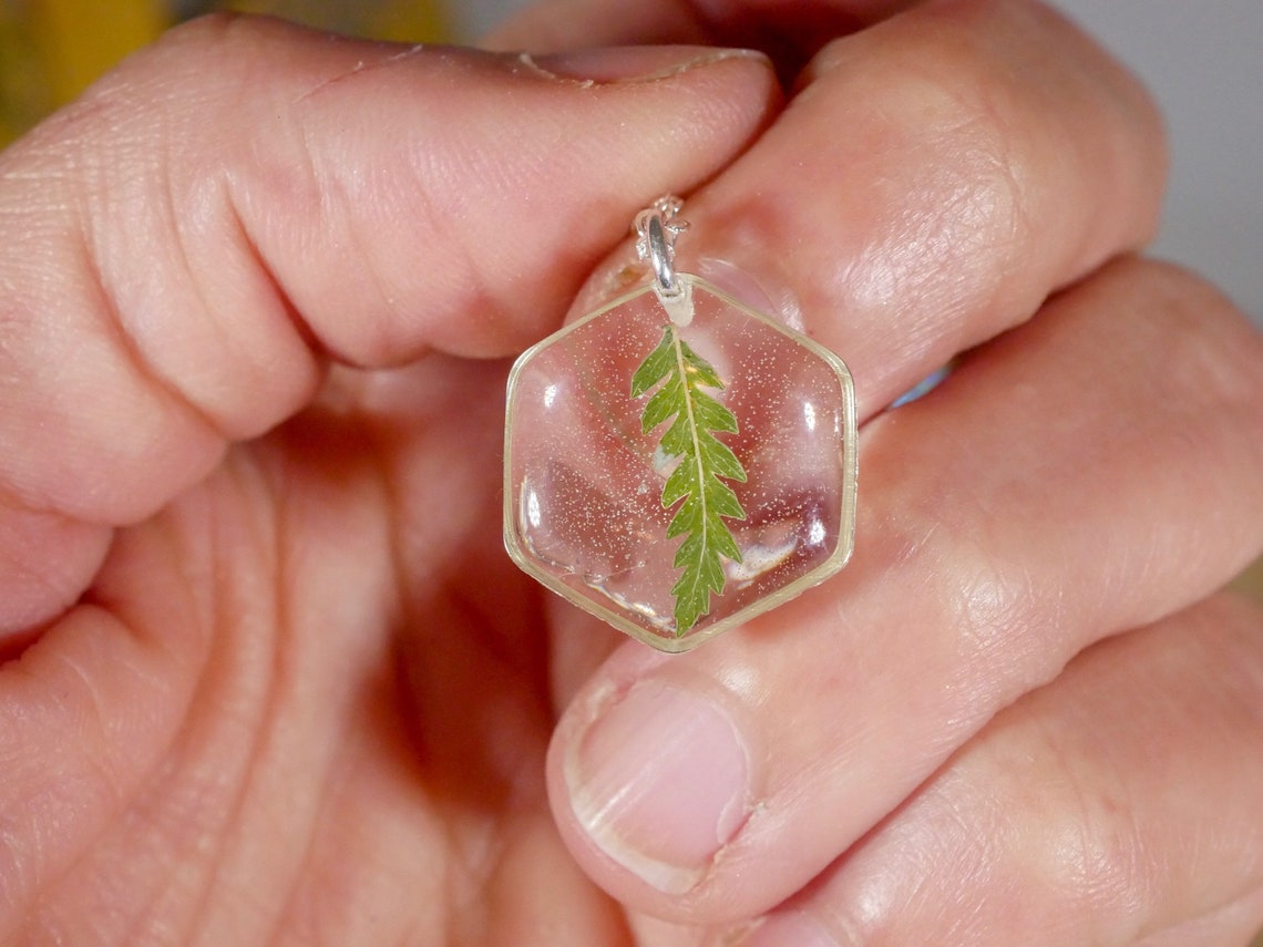 Tiny pressed Fern Necklace Pressed fern jewelry tiny hexagon Etsy