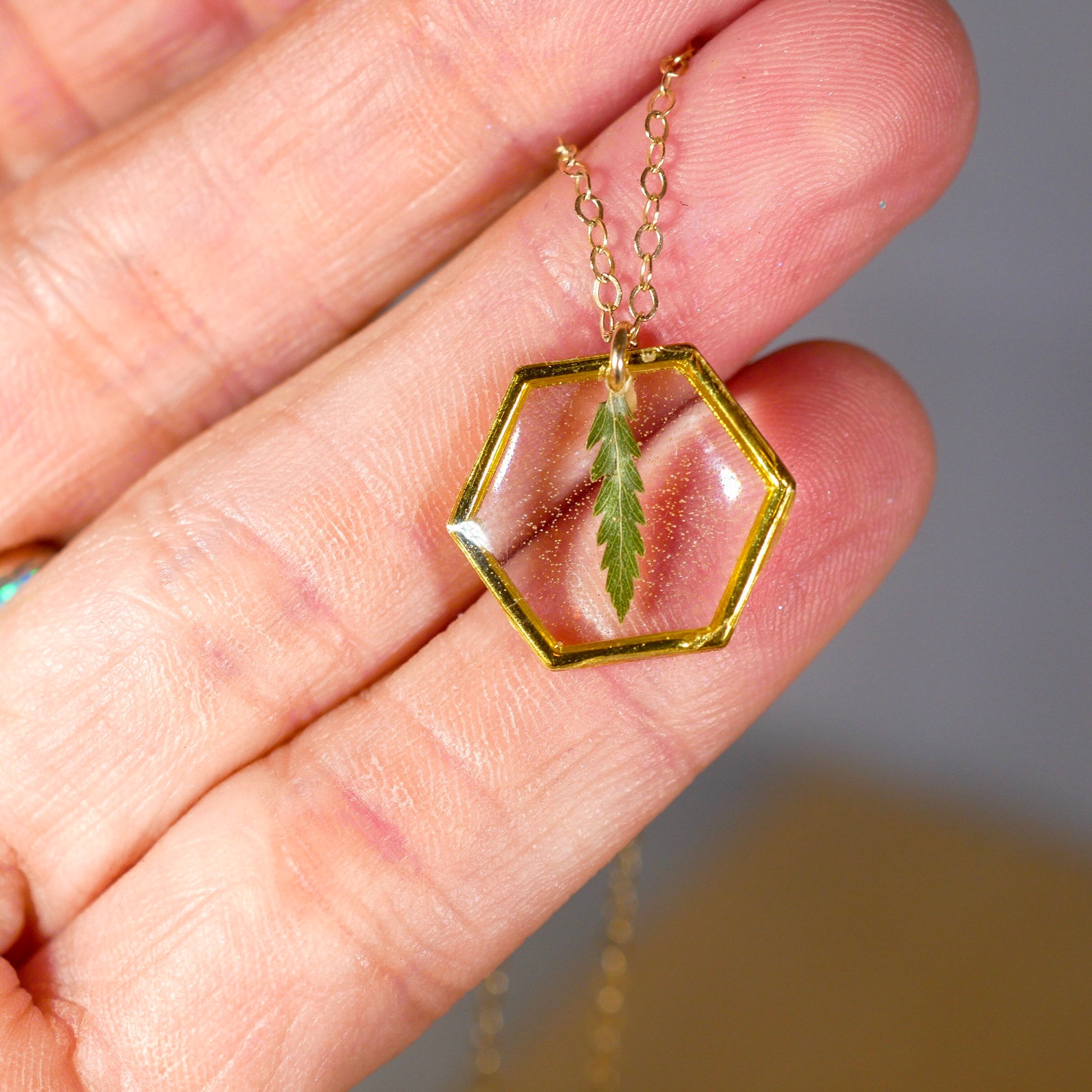 Tiny Pressed Fern Necklace Pressed Fern Jewelry Tiny Hexagon Etsy