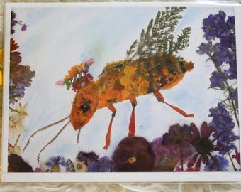 Greeting Card: Pressed Flower Bee Art - Blank Whimsical Note