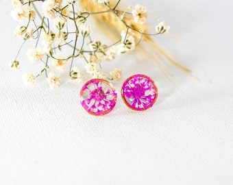 Pink Queen Anne's Lace stud earrings, Pressed flower jewelry, dainty flower studs, Botanical jewelry