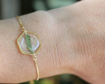 Pressed Fern bracelet, dainty fern jewelry, adjustable real leaf bracelet, terrarium bracelet