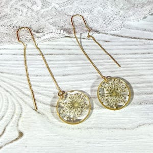 Queen anne’s lace ear threaders, pressed flower earrings