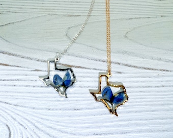 Texas bluebonnet necklace, gold Texas necklace, real bluebonnet necklace, pressed flower jewelry, Texas gift jewelry