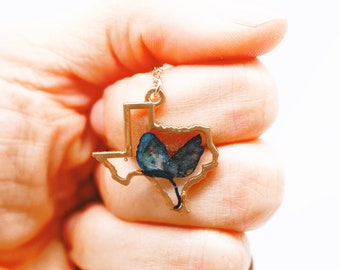 Texas bluebonnet necklace, gold Texas necklace, real bluebonnet necklace, pressed flower jewelry, Texas gift jewelry