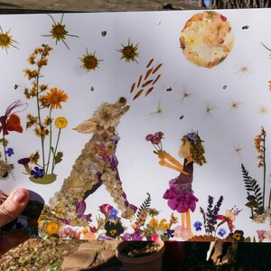 Pressed flower wolf art, whimsical flower art, real flower art print, woodland nursery