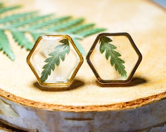 Fern stud earrings – pressed fern studs | hexagon resin plant jewelry gift