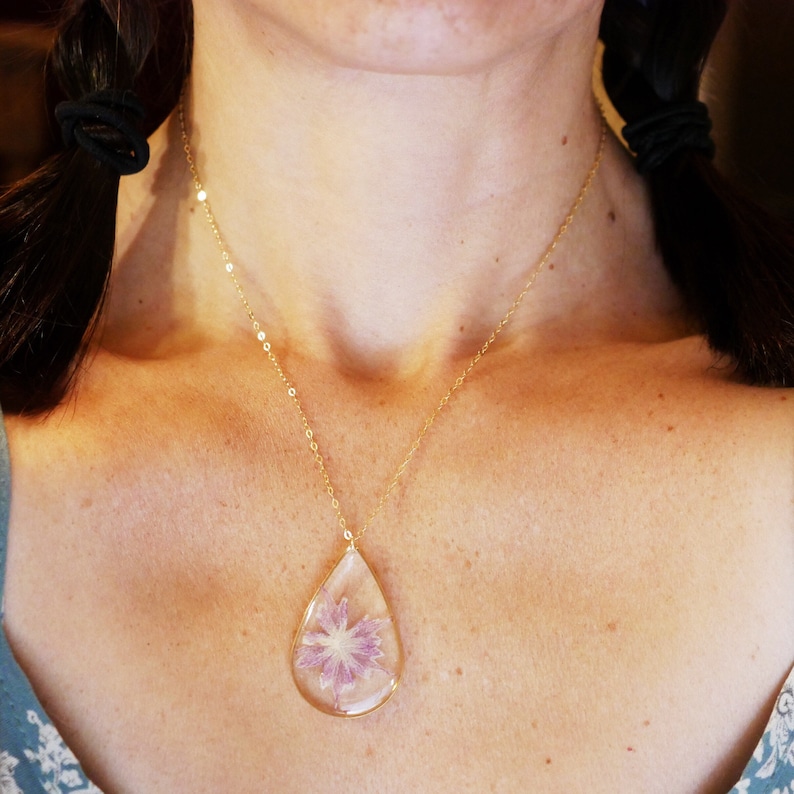 real flower necklace Pressed Flower jewelry purple flower necklace 24k gold flower nature terrarium Purple star Phlox necklace