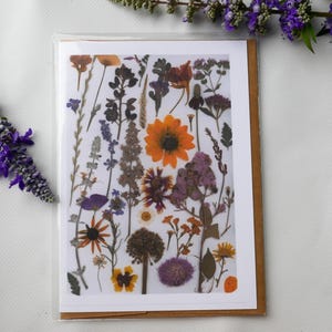 Title: pressed texas wildflower greeting card –print, blank inside, flowers grown on our texas farm