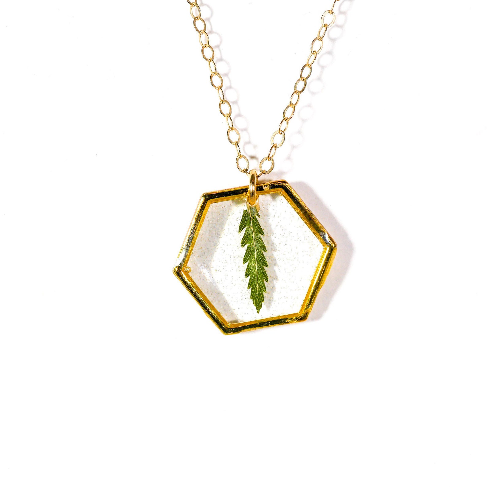 Tiny Pressed Fern Necklace Pressed Fern Jewelry Tiny Hexagon Etsy