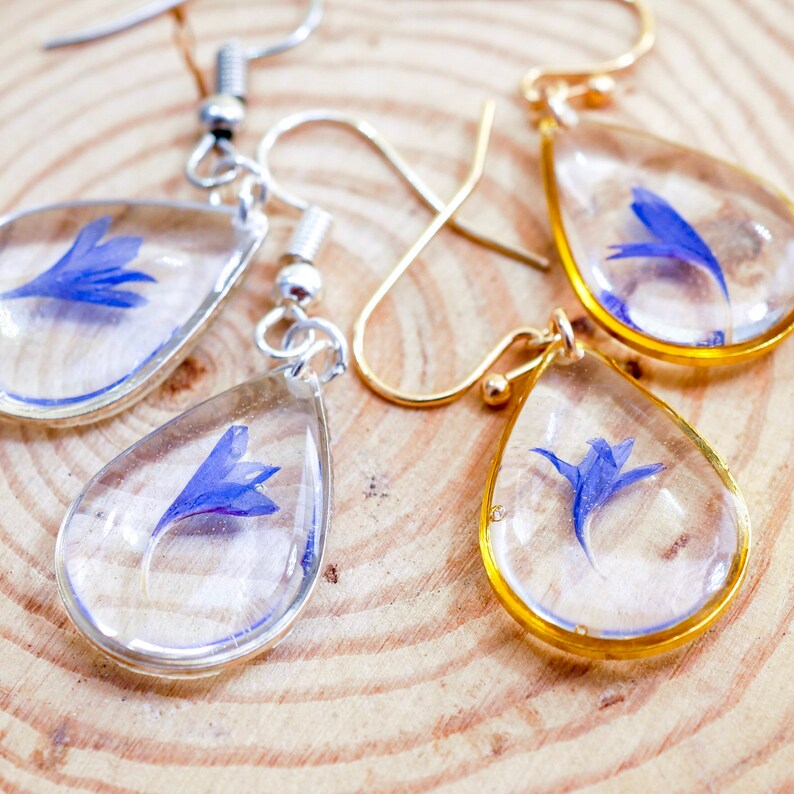 Pressed blue cornflower dangle earrings Bridal dangles botanical terrarium earrings Pressed flower jewelry bachelor button dangles