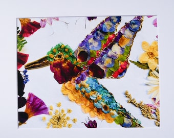 Pressed flower hummingbird art, real flower art PRINT
