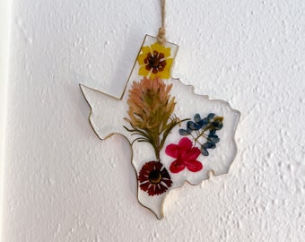 Colgante de pared de flores silvestres de Texas, arte de pared de resina original hecho con flores prensadas reales