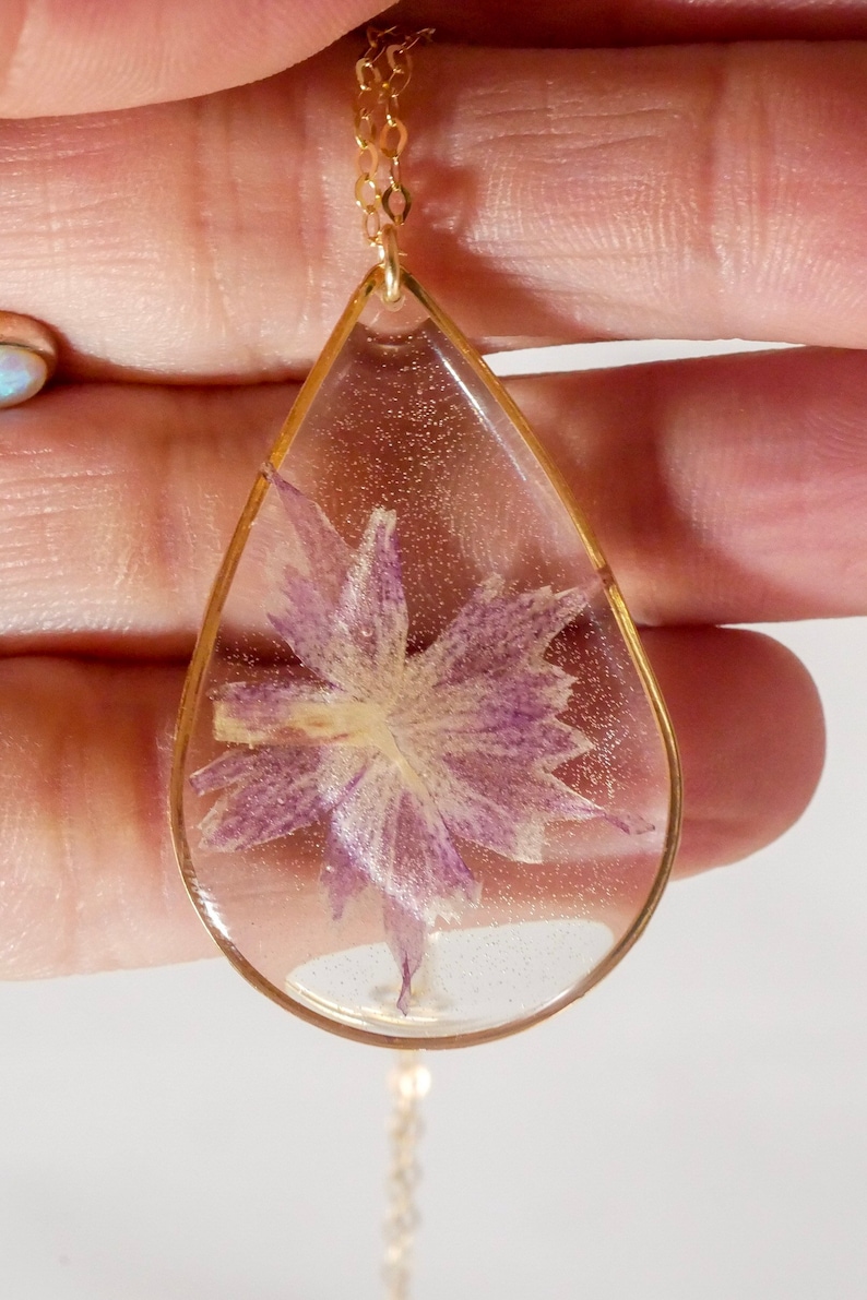 real flower necklace Pressed Flower jewelry purple flower necklace 24k gold flower nature terrarium Purple star Phlox necklace
