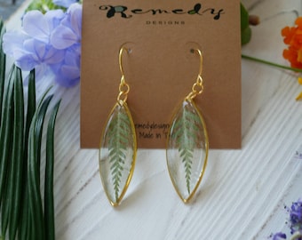 Pressed Leaf Earrings: Fern Design in Clear Resin (Gold Plated)