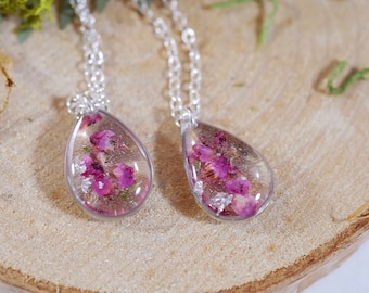 Tiny heather Teardrop Necklace, Botanical necklace, Pressed flowers jewelry, Dainty real flower necklace