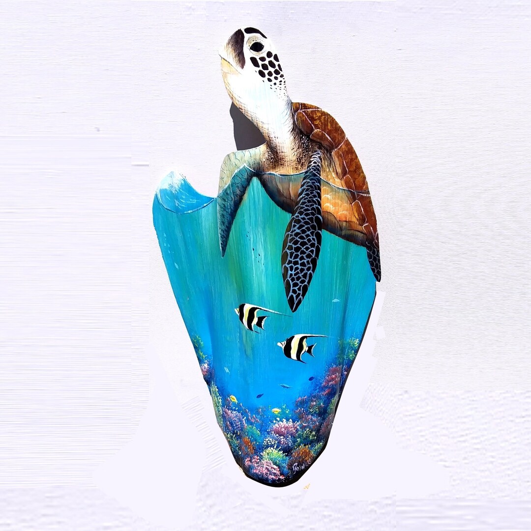 Sea Turtle Carved Wooden Palm Tree Frond Art Painted Animal Marine Life