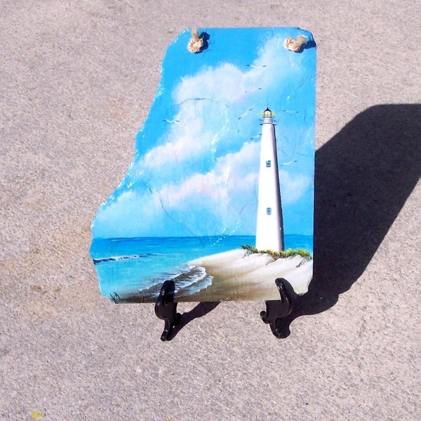 Ocracoke Lighthouse, hand painted on Slate, Nautical Decor, slate painting