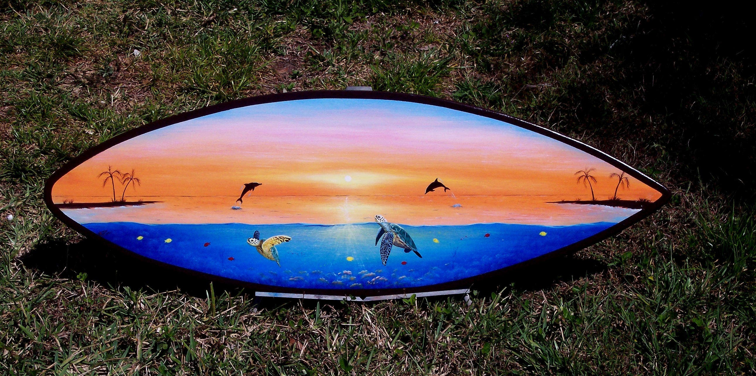 Sea Turtles & Dolphins Handcrafted, Hand Painted Surfboard Wall Art Sea ...