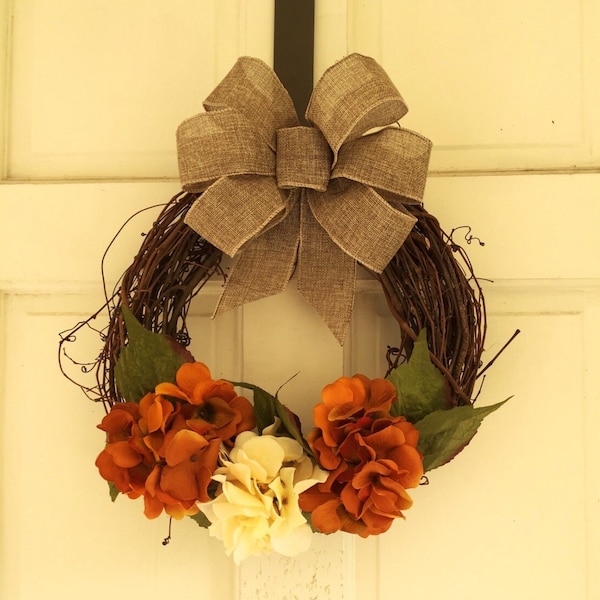 Fall Wreath, Grapevine Wreath w/Cream and Orange Hydrangeas, Green Leaves, & Burlap Bow, Fall Wreaths for Front Door, 12 inch