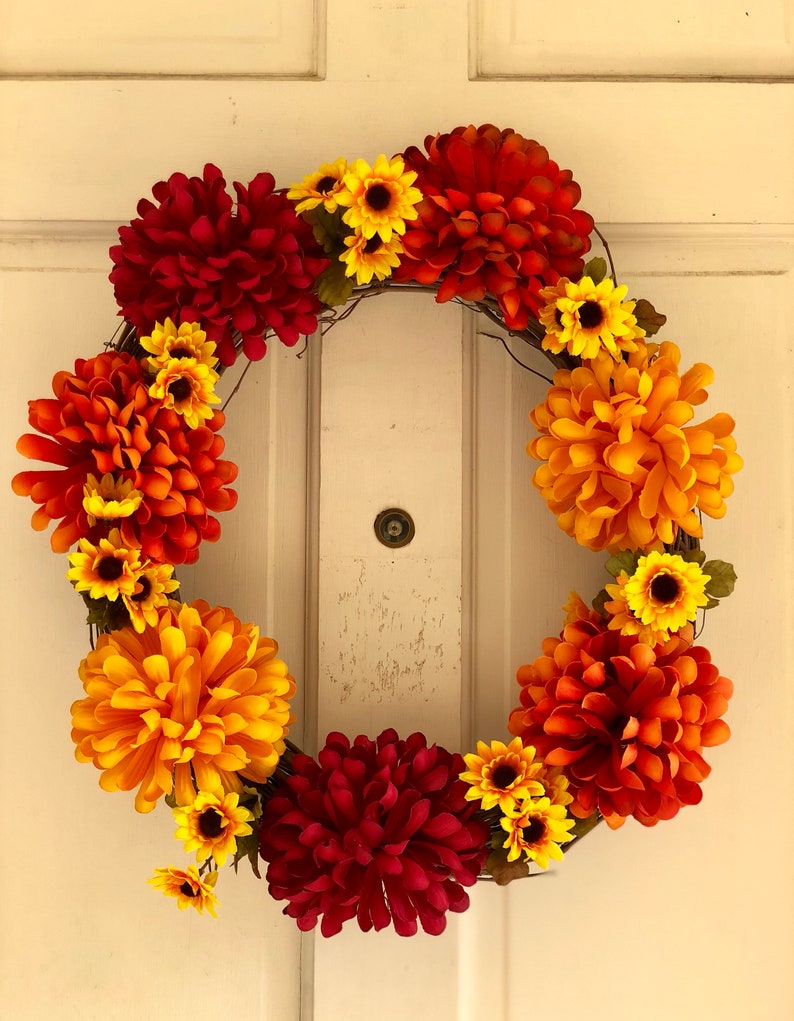 Large Fall Wreath Fall Ball Mums Mini Sunflowers Fall Wreath 18 Inch Leaves Grapevine Wreath Fall Wreaths for Front Door