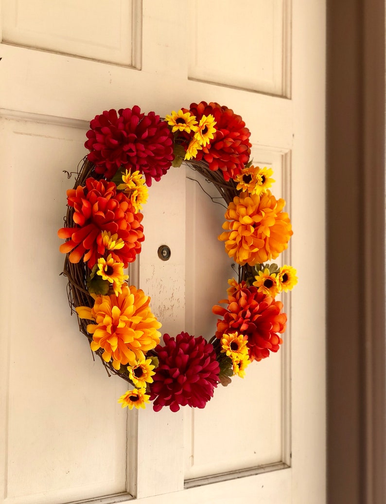 Large Fall Wreath Fall Ball Mums Mini Sunflowers Fall Wreath 18 Inch Leaves Grapevine Wreath Fall Wreaths for Front Door
