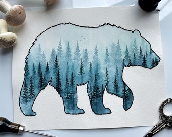 Watercolor Forest-Bear silhouette painting -original art-watercolor painting-paper stitch