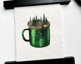Wald in einer Tasse Gemälde-Hüttengemälde-Waldgemälde-Goldbäume-Originalkunst-Aquarellgemälde