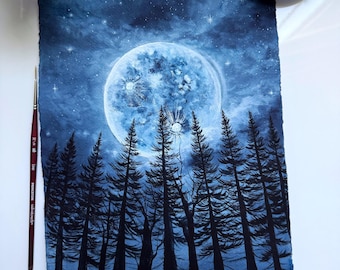 Blue moonscape painting -original art-watercolor painting
