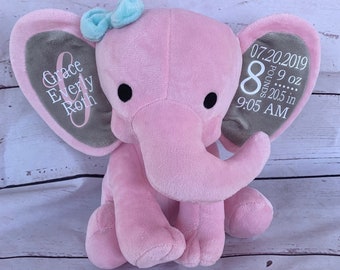 Estadísticas de nacimiento de elefante rosa / Regalo de bebé para niñas / Recuerdo / Regalo de nueva madre / Regalo de baby shower / Elefante relleno personalizado / Anuncio de nacimiento